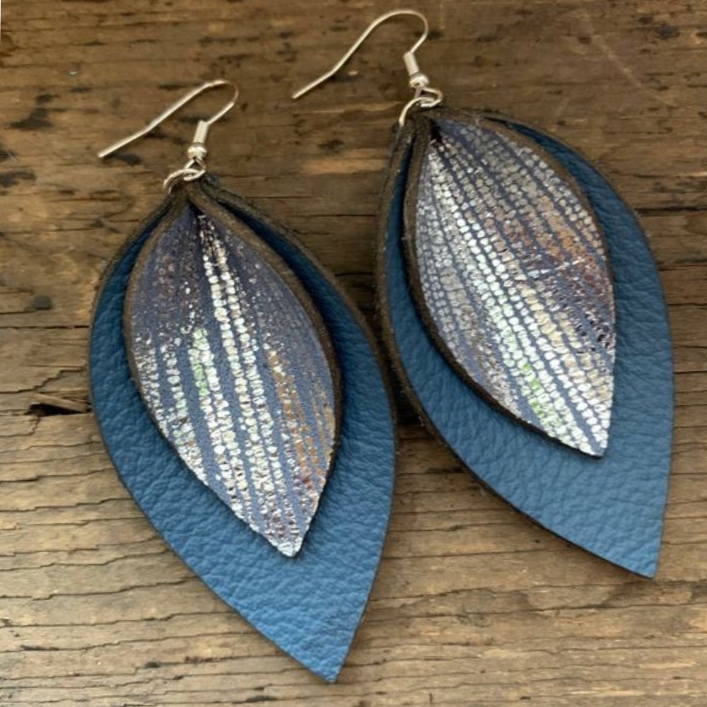 SOLD - Denim Blue Rain Double Layered Leather Earrings